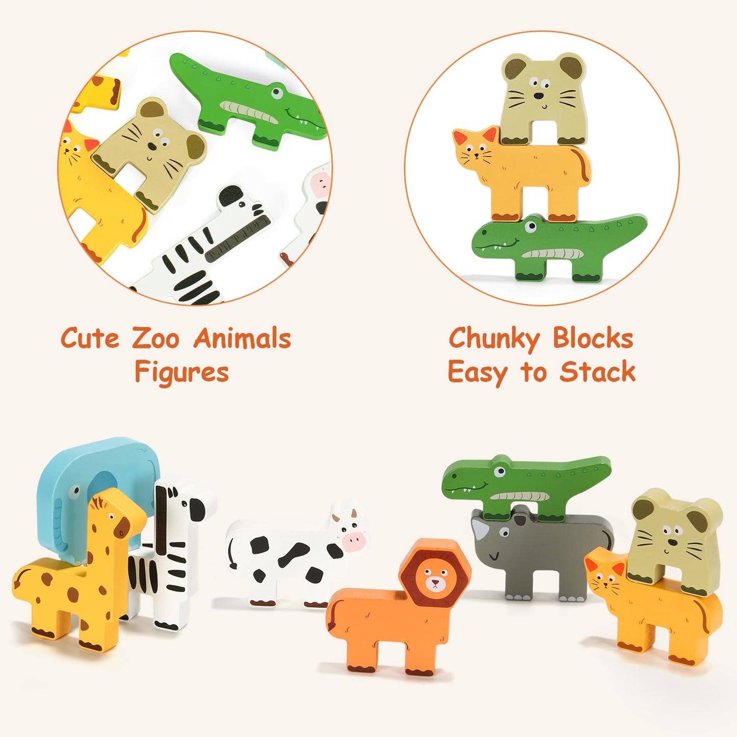 JugueteLand Wooden Animal Stacking Puzzle Toy, Educational Balancing Activity Toy for Kids, Wooden Zoo Animal Building Blocks Stacker & Bag, Stacking
