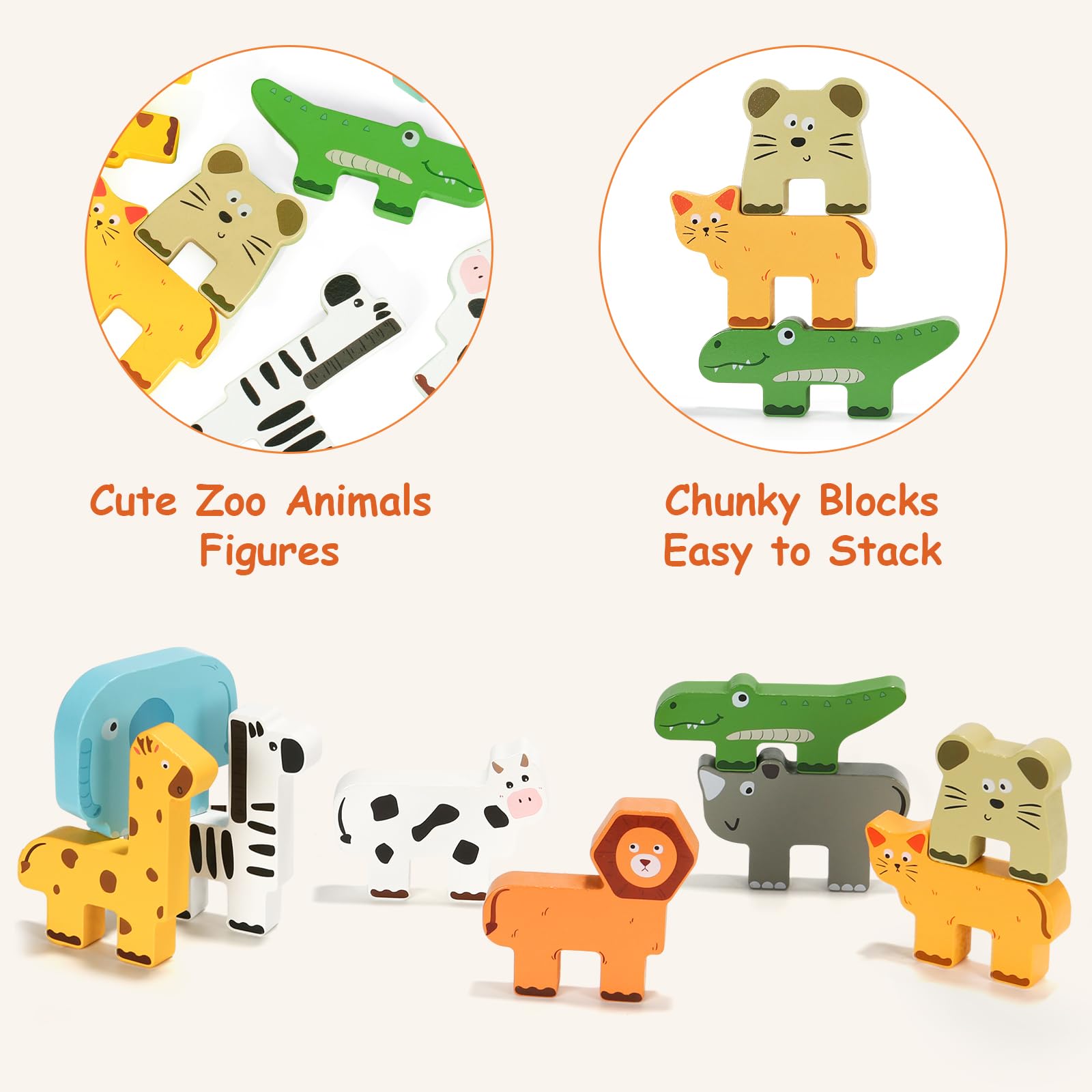 JugueteLand Wooden Animal Stacking Puzzle Toy, Educational Balancing Activity Toy for Kids, Wooden Zoo Animal Building Blocks Stacker & Bag, Stacking