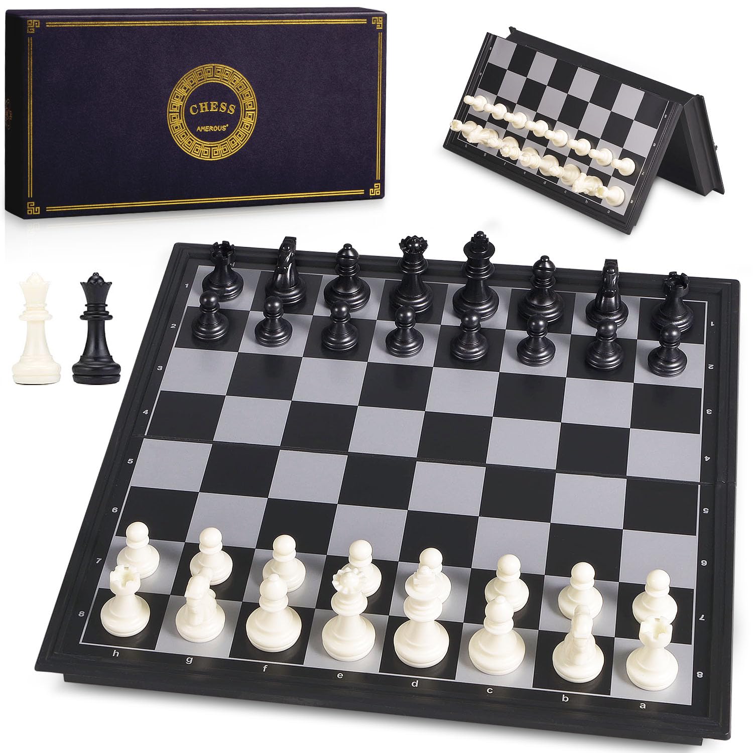 AMEROUS 10 Inches Magnetic Travel Chess Set with Folding Chess Board - 2 Extra Queens - Instructions for Beginner, Kids and Adults