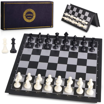 AMEROUS 10 Inches Magnetic Travel Chess Set with Folding Chess Board - 2 Extra Queens - Instructions for Beginner, Kids and Adults