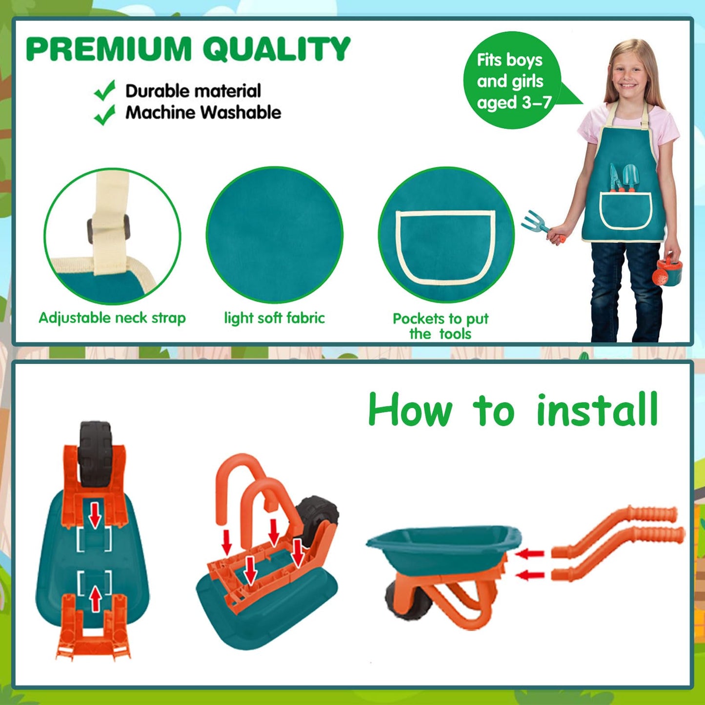 unanscre Gardening Tool Set for Kids, with Toddler Wheelbarrow, Watering Can, Spray Bottle, Double Rake, Shovel, Trowel, Pruner, Flowers Kit, Apron