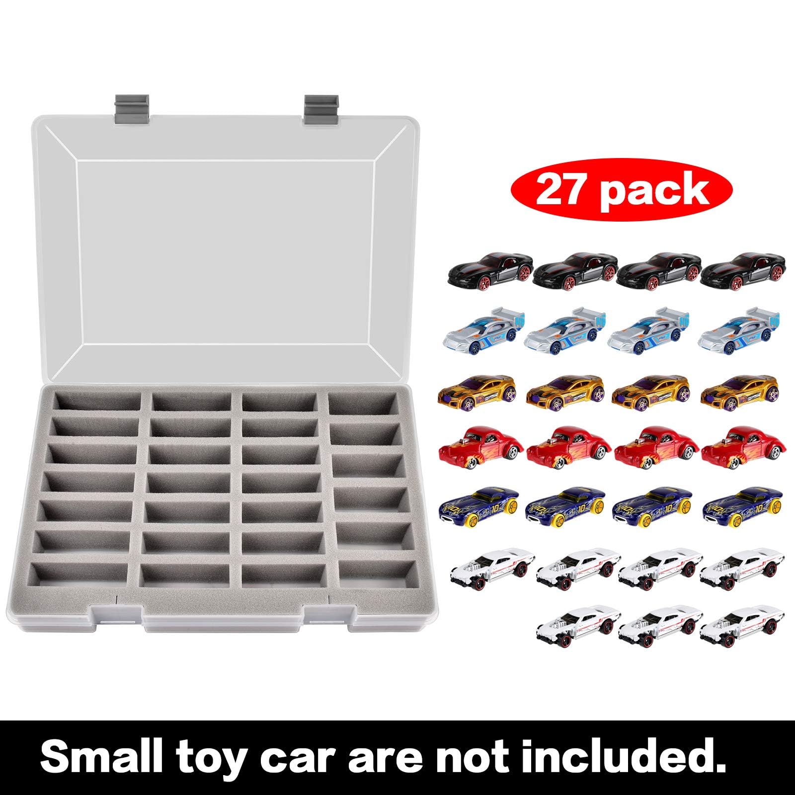 FULLCASE Display Case for Hot Wheels Cars, Toy Organizer Storage Box Holds 27 Toy Cars, Portable Carrying Container with 4 Size Slots for Hotwheels