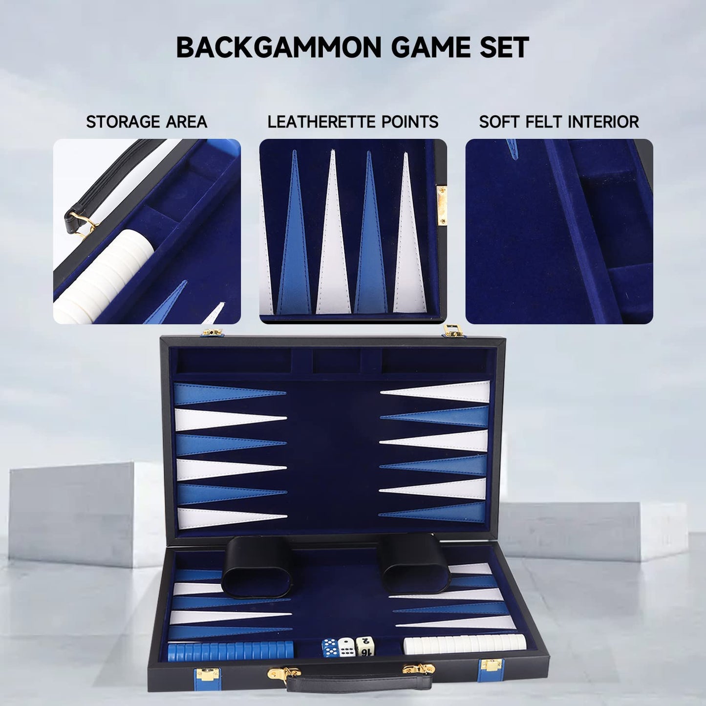 GSE Premium Leather Backgammon Board Game Set, Black&Blue, Medium