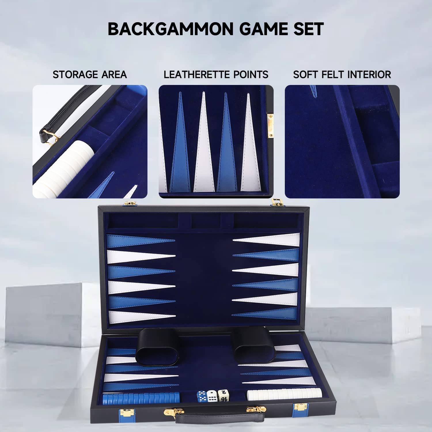 GSE Premium Leather Backgammon Board Game Set, Black&Blue, Medium
