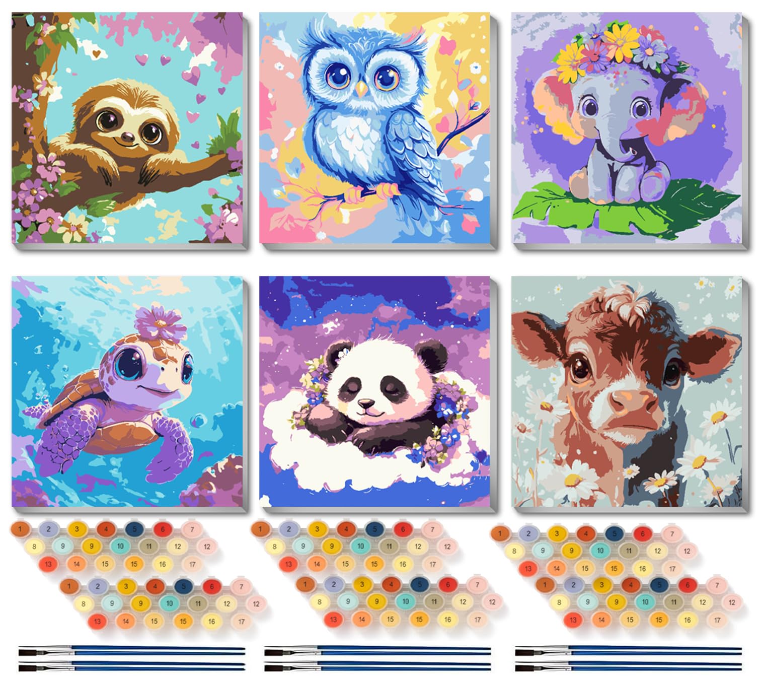 VividMeng 6 Pack Cartoon Paint by Numbers Kit for Kids Framed Canvas, Animals Paint by Number for Kids Ages 4-8-12, DIY Easy Acrylic Painting Kits