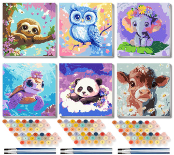 VividMeng 6 Pack Cartoon Paint by Numbers Kit for Kids Framed Canvas, Animals Paint by Number for Kids Ages 4-8-12, DIY Easy Acrylic Painting Kits