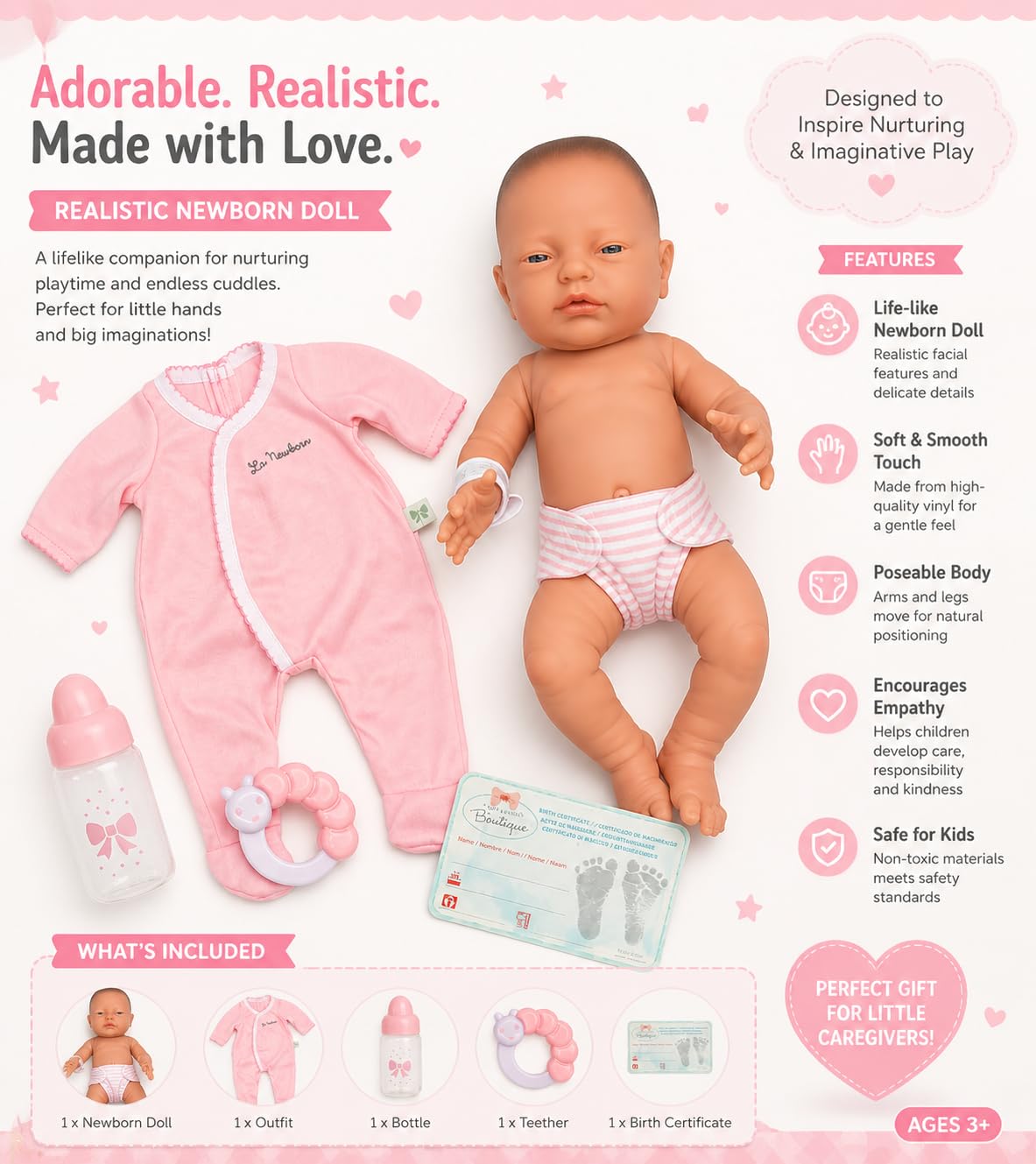 JC Toys 17" Realistic Newborn Baby Girl Doll - Made in Spain, Soft Vinyl Body with Accessories, Dressed in Pink