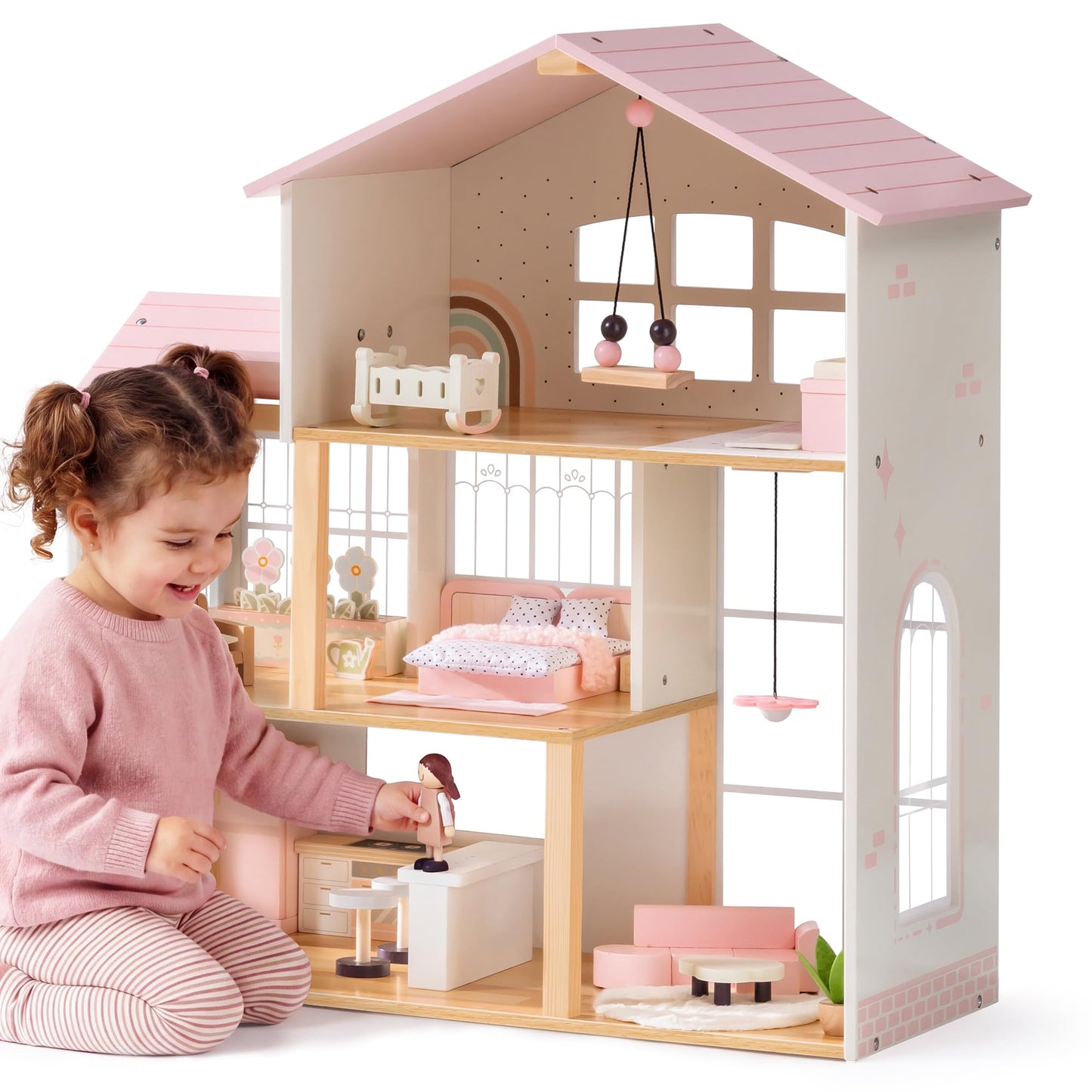 ROBOTIME Wooden Doll House, Dollhouse with 6 Open Rooms, 37 Pcs DIY Modular Doll House Furniture Accessories, Pretend Dollhouse Creative Gift for Girl