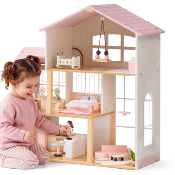 ROBOTIME Wooden Doll House, Dollhouse with 6 Open Rooms, 37 Pcs DIY Modular Doll House Furniture Accessories, Pretend Dollhouse Creative Gift for Girl