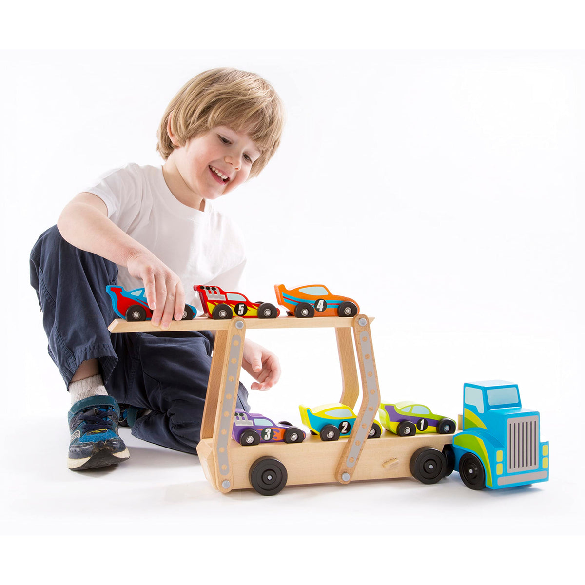 Melissa & Doug Mega Race-Car Carrier - Wooden Tractor and Trailer with 6 Unique Race Cars