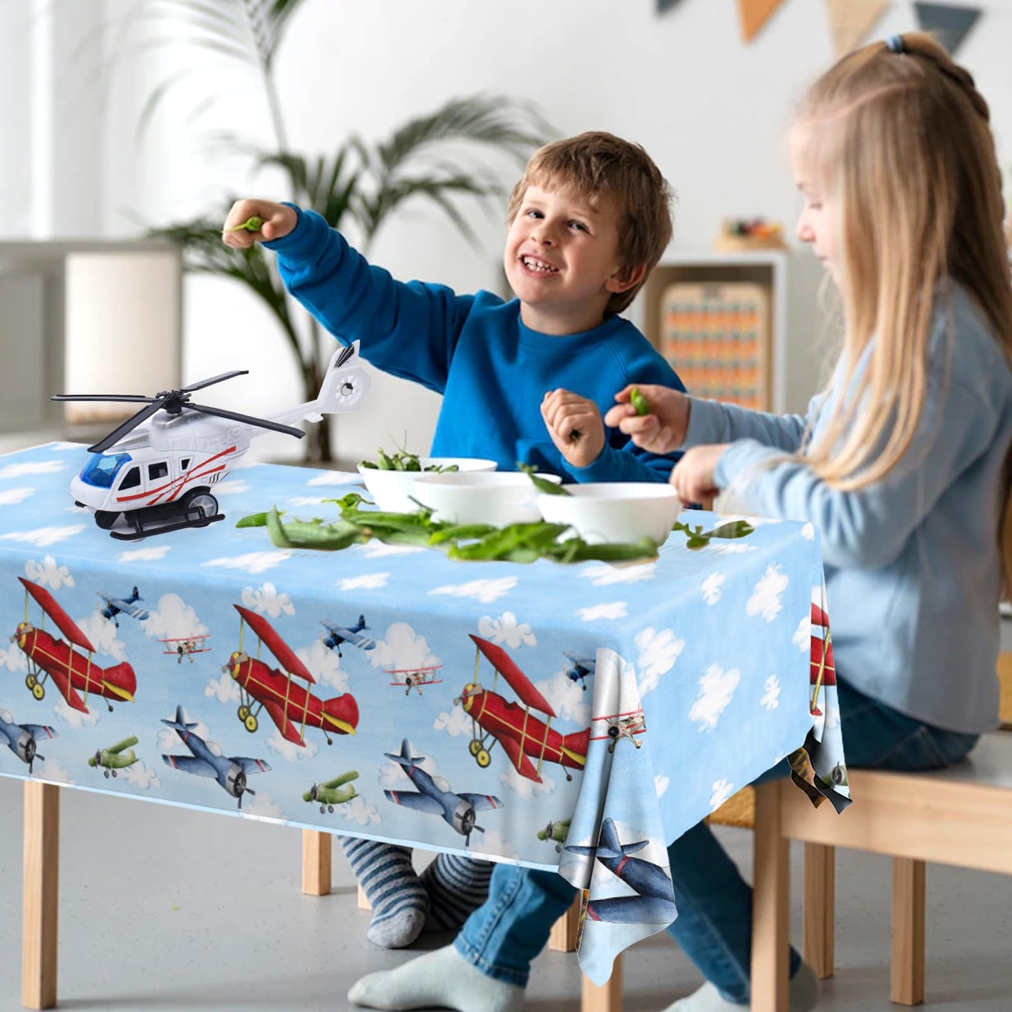 GREHUMOR 3pcs Airplane Party Decorations Airplane Party Tablecloth Supplies Disposable Plastic Helicopter Blue Sky White Theme Table Cover for Kids