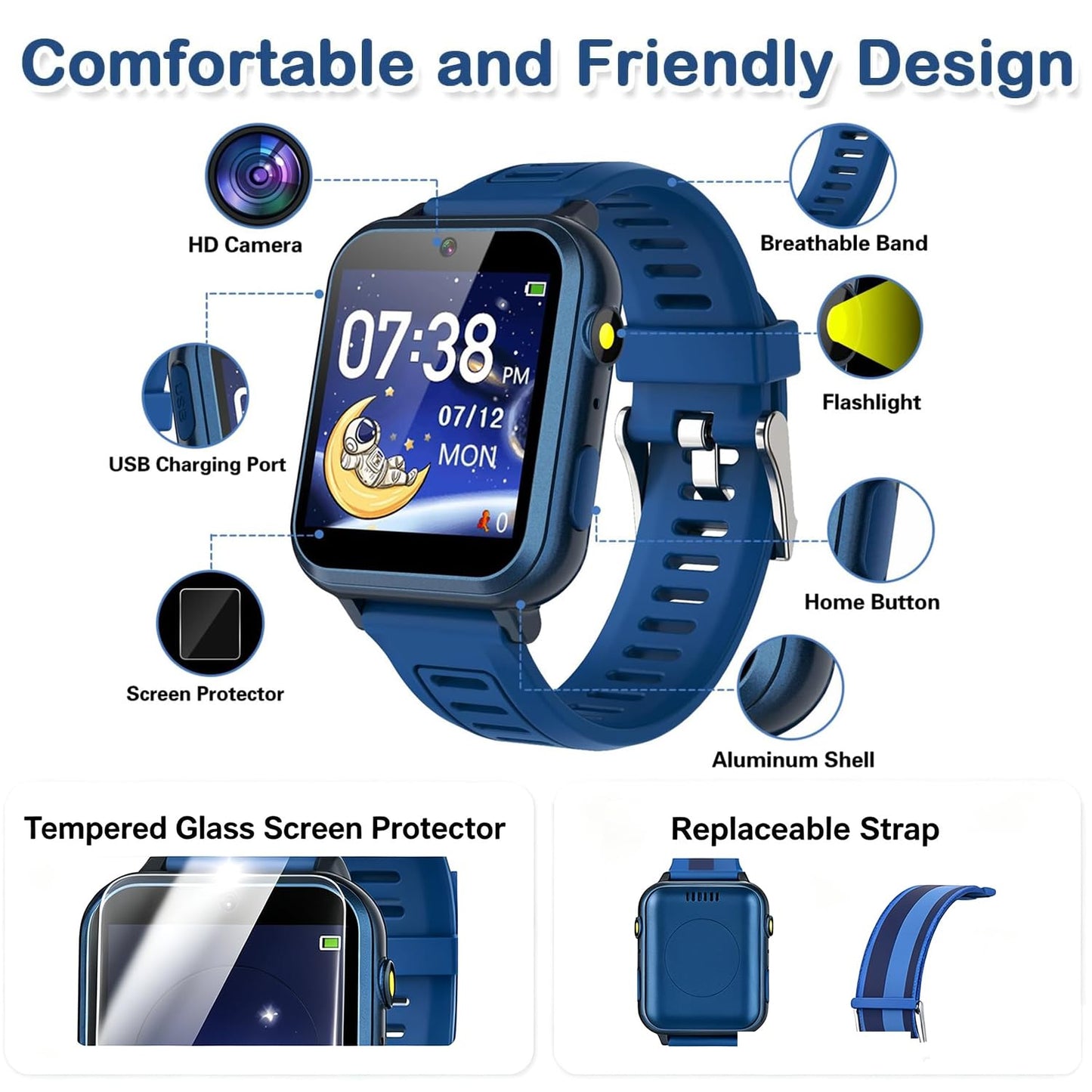 Cosjoype Kids Game Smart Watch for Kids with 39 Puzzle Games HD Touch Screen Camera Music Player Pedometer Alarm Clock Calculator Flashlight 12/24hr