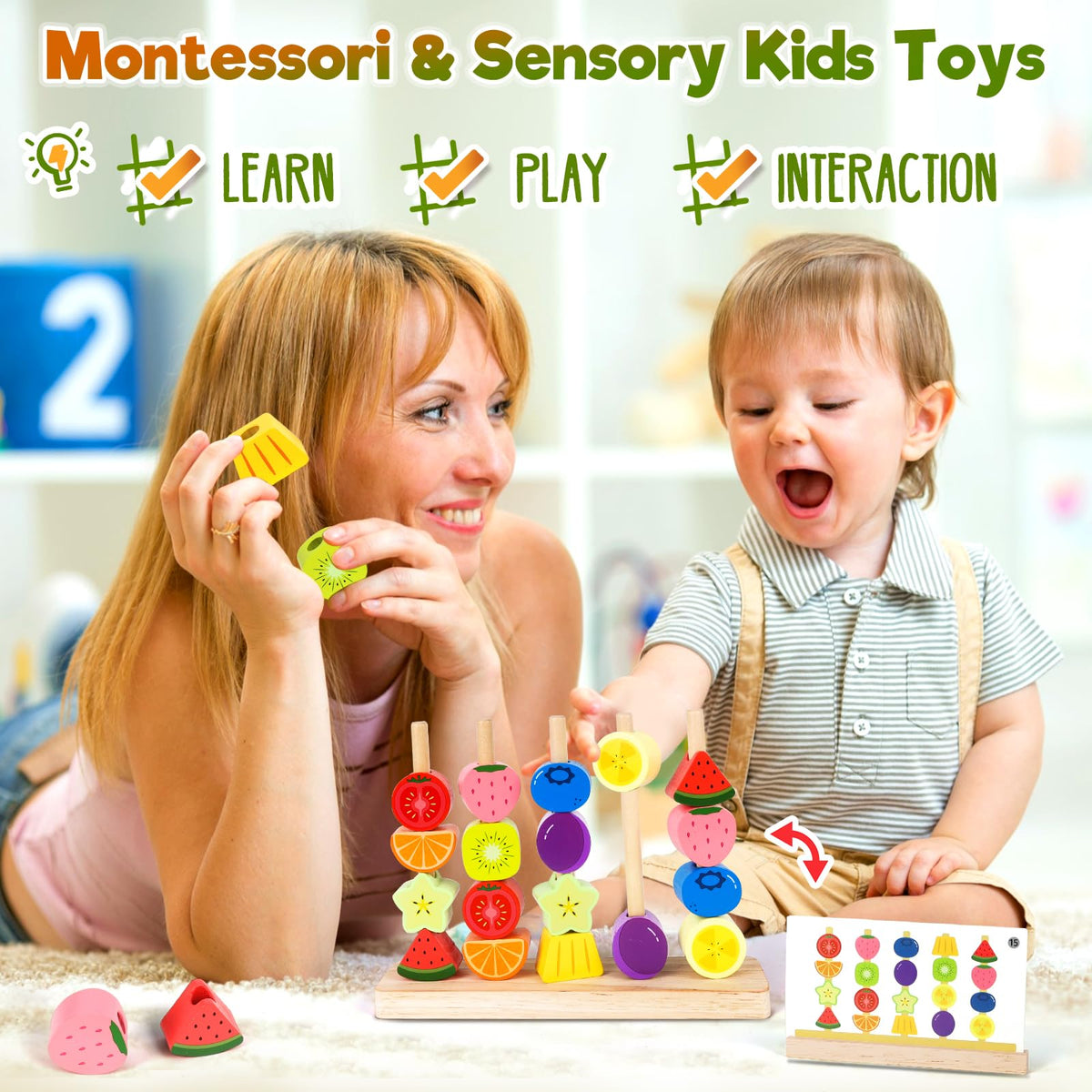 Montessori Wooden Beads Stacking Toys: 2 3 4 Year Old Boys Girls Birthday Gifts - Toddler Sequence Game & Sorting Blocks & Lacing & Matching Shape