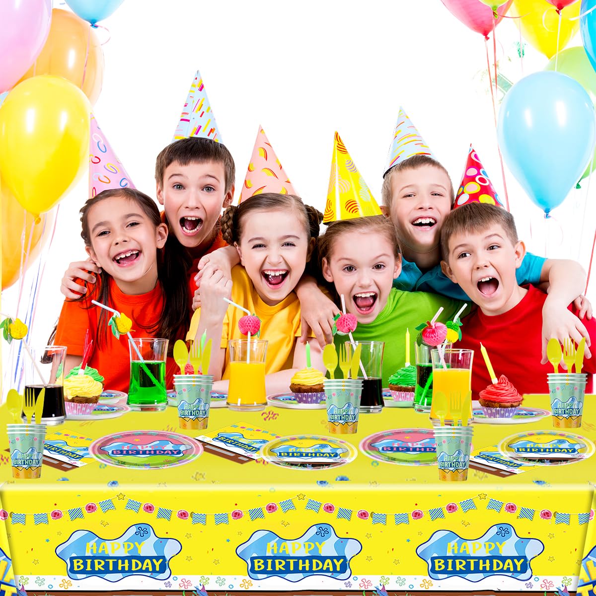 81pcs Yellow Cartoon Party Supplies Tableware Plates Napkins Cups Fork and Tablecloth?Yellow Theme Birthday Party Decoration