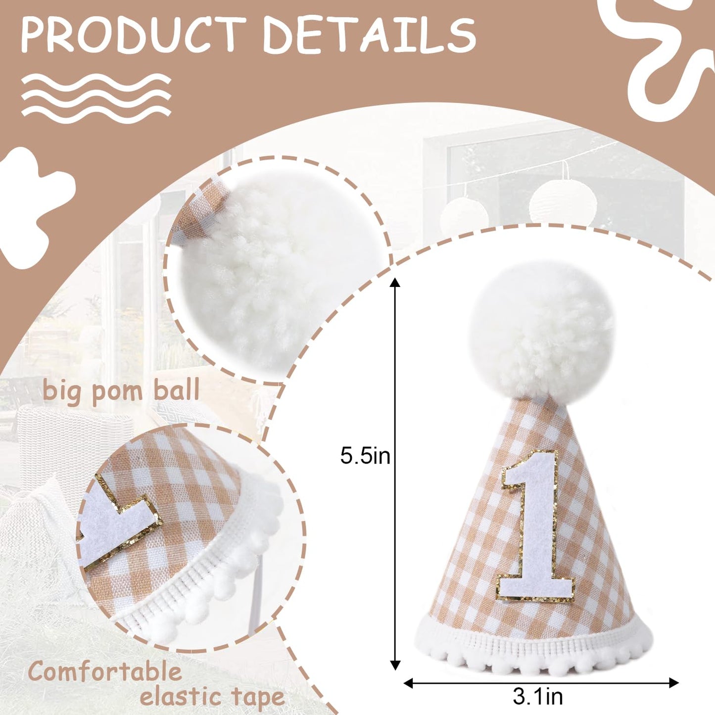 MAMUXI Gingham Style 1st Birthday Party Hat - Beige Gingham Hat for Dogs