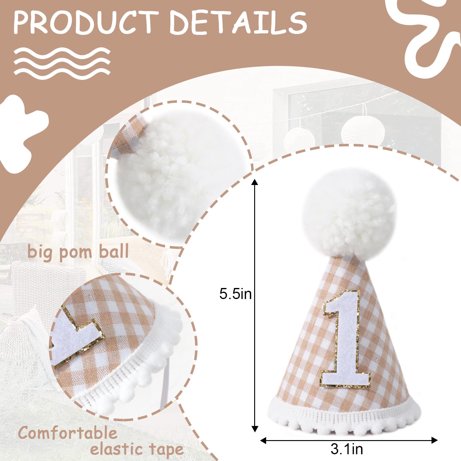MAMUXI Gingham Style 1st Birthday Party Hat - Beige Gingham Hat for Dogs