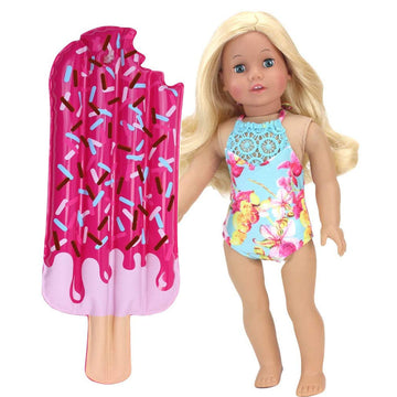 Sophia's Aqua Floral Print Lace Trim Bathing Suit and Inflatable Popsicle Pool Float Beach Accessories Set for 18" Dolls, Pink/Blue