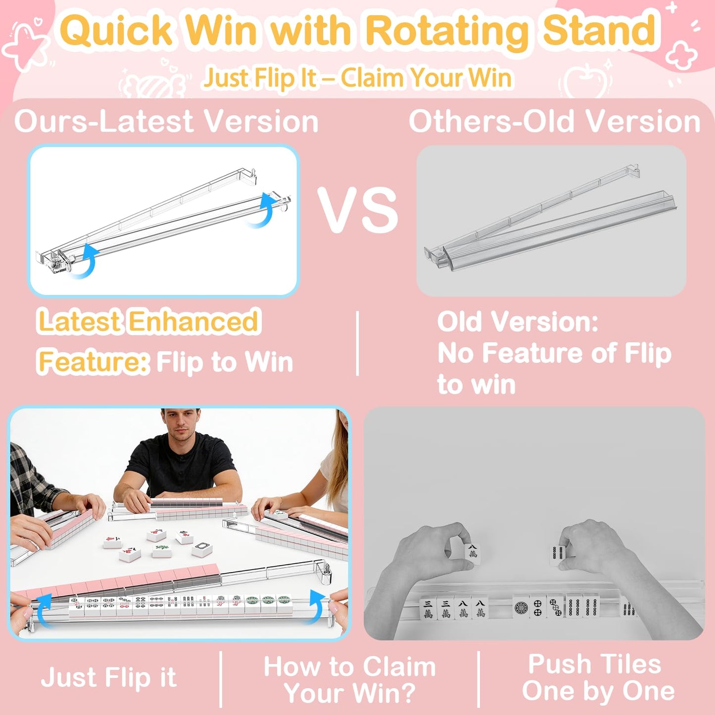 RESOVO Mahjong Racks with Pushers 4 Pack, Flip to Win-Latest Upgraded Feature, Acrylic Crystal Clear Mah Jongg Tiles Stand Holder Tray, Table Game