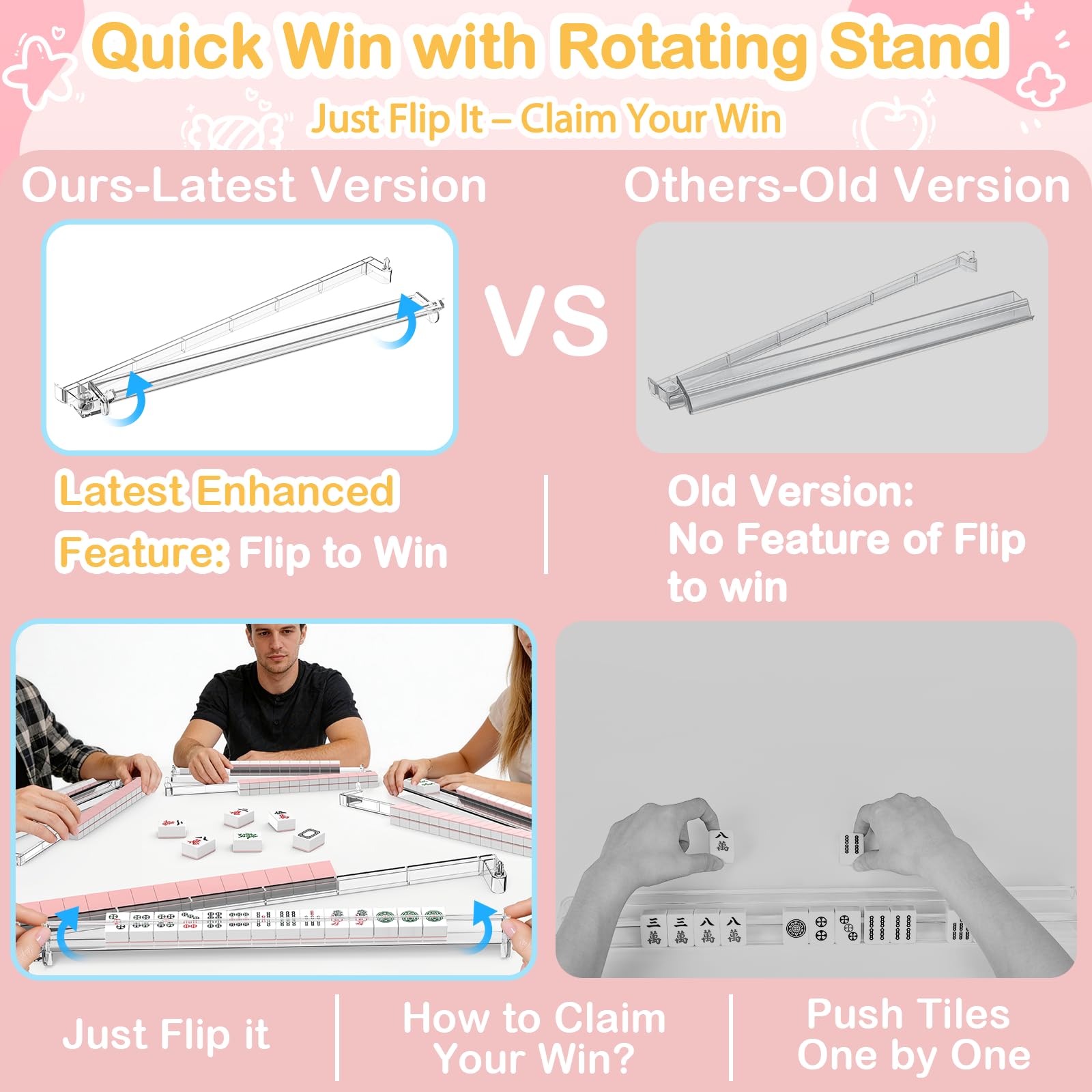 RESOVO Mahjong Racks with Pushers 4 Pack, Flip to Win-Latest Upgraded Feature, Acrylic Crystal Clear Mah Jongg Tiles Stand Holder Tray, Table Game