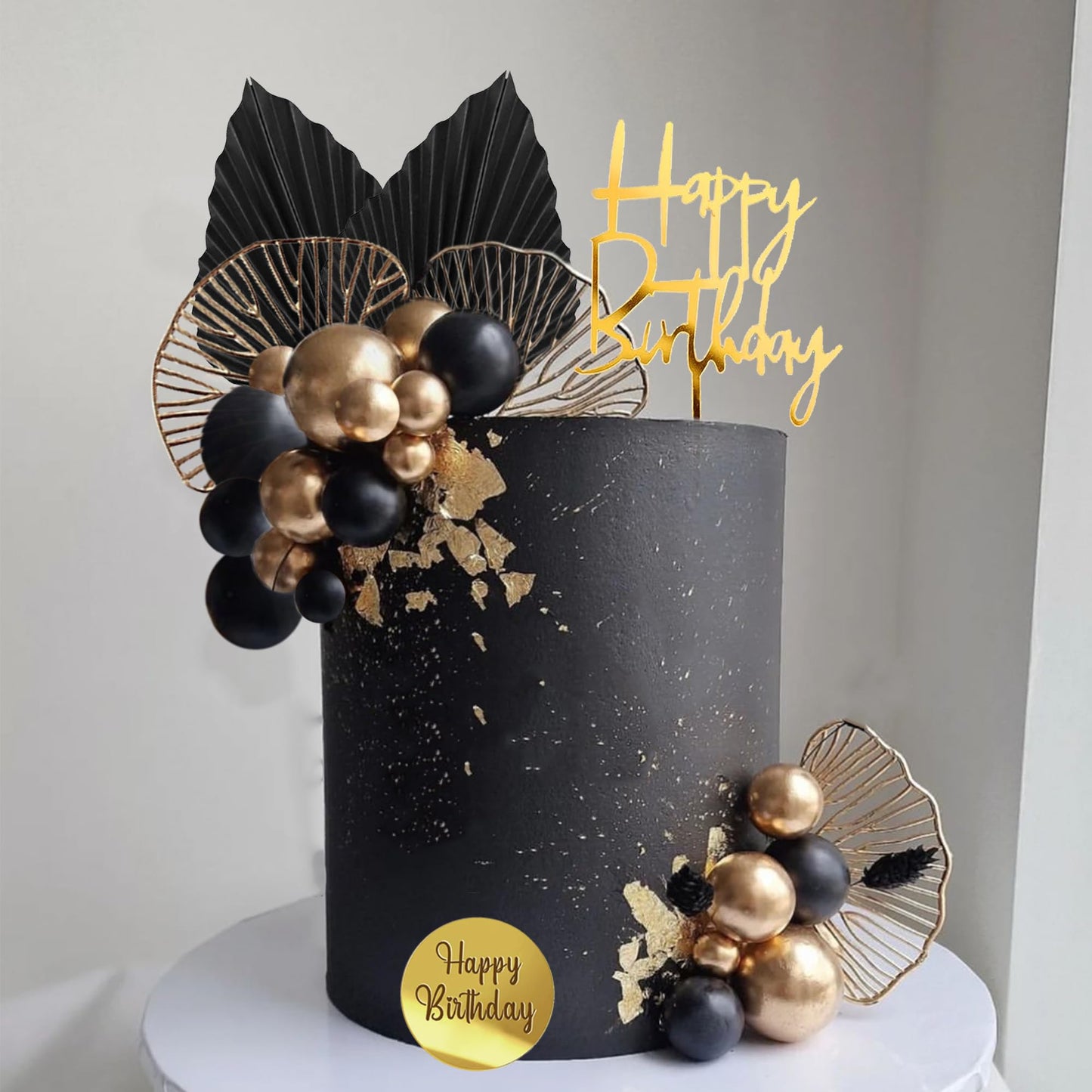 Happy Birthday Cake Topper Black Gold Ball Cake Decorations
