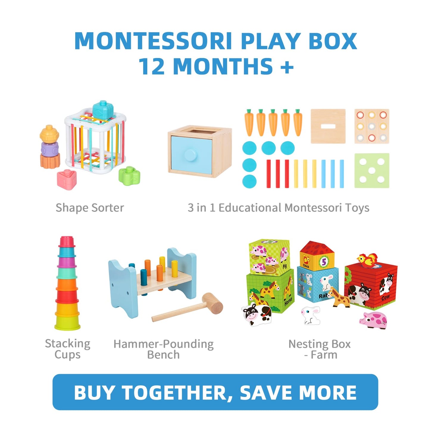 OOOK Montessori Toys for 1 Year Old, 7 in 1 Learning Educational Kit with Sensory Bin,Nesting Box, 3 in 1 Educational Box,Pounding Bench and Baby