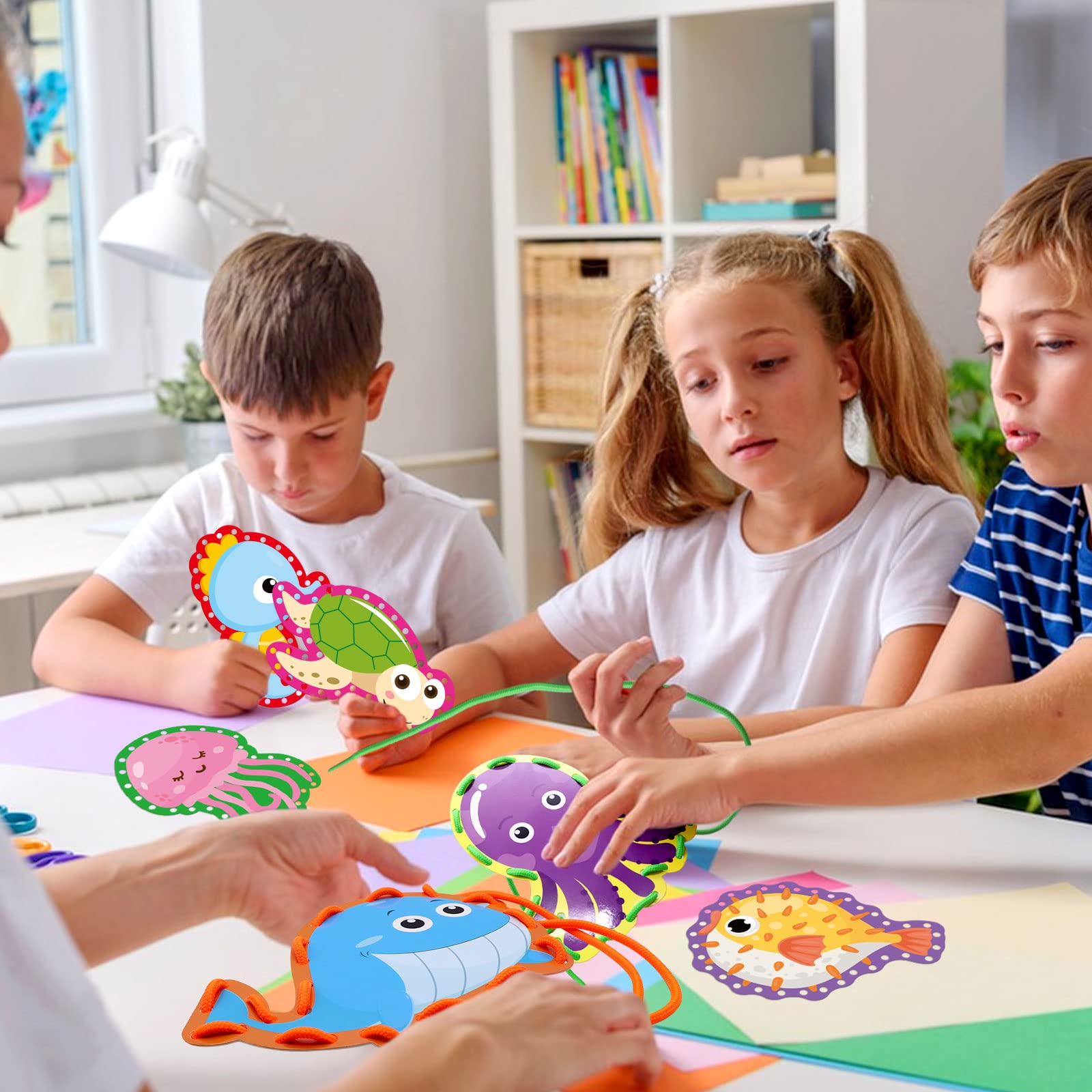 Sea Animals Lacing Cards Sewing Cards For Kids 12 Pack Shark Whale Ocean Theme Party Decor Double Sided Cardboard Lacing Playing Games for Preschool