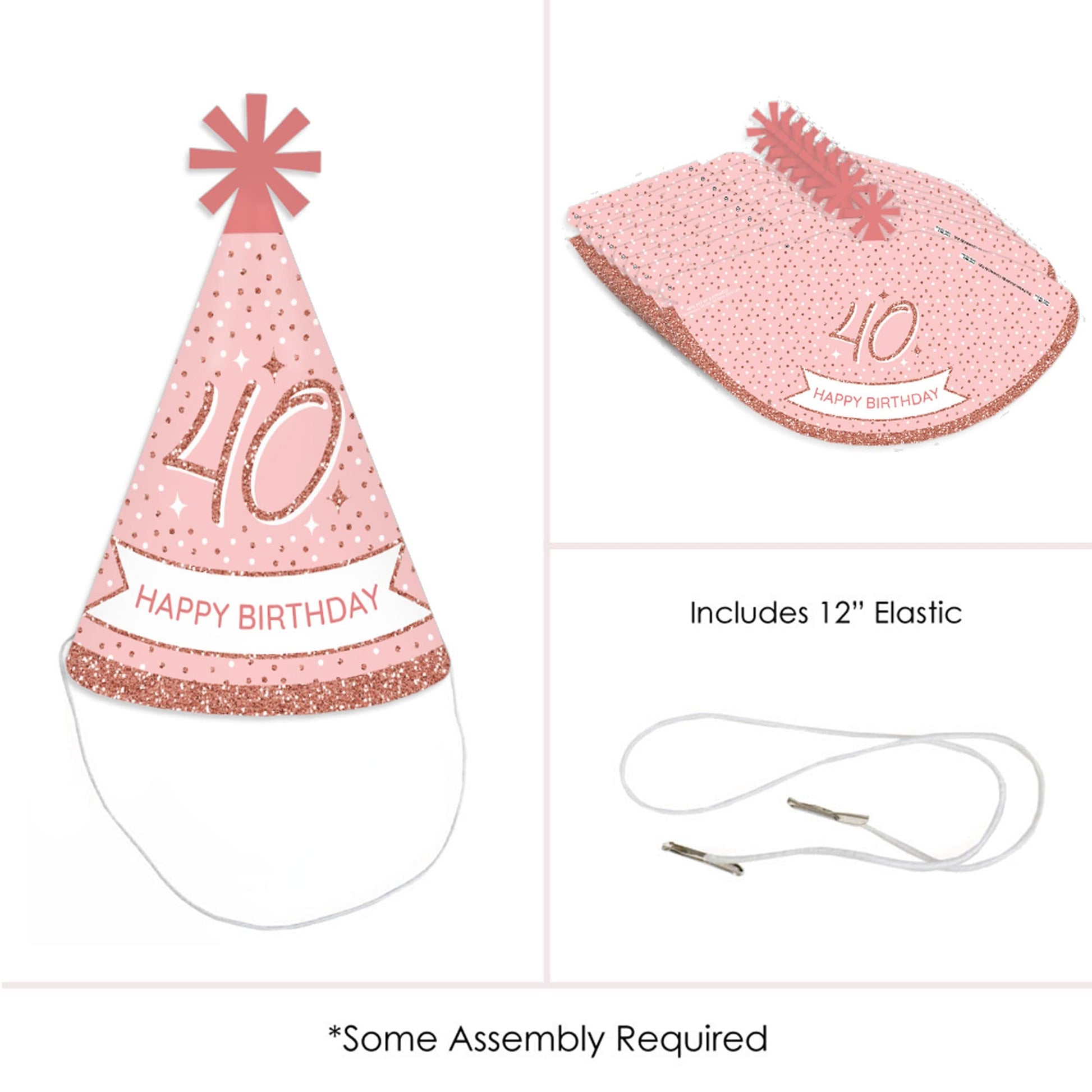 Big Dot of Happiness 40th Pink Rose Gold Birthday - Cone Happy Birthday Party Hats for Kids and Adults - Set of 8 (Standard Size)