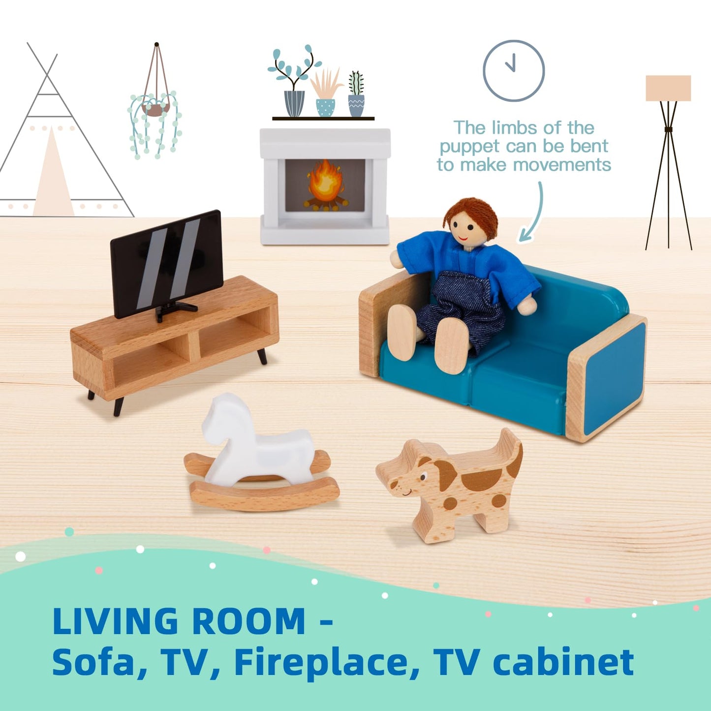 OOOK Wooden Dollhouse Furniture Set for Kids, 26 Pcs Dollhouse Accessories with 4 Family Dolls and Dog, Miniature Doll House Furniture Toys Pretend
