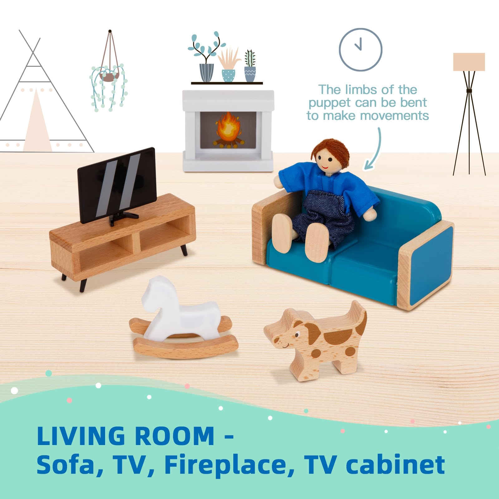 OOOK Wooden Dollhouse Furniture Set for Kids, 26 Pcs Dollhouse Accessories with 4 Family Dolls and Dog, Miniature Doll House Furniture Toys Pretend
