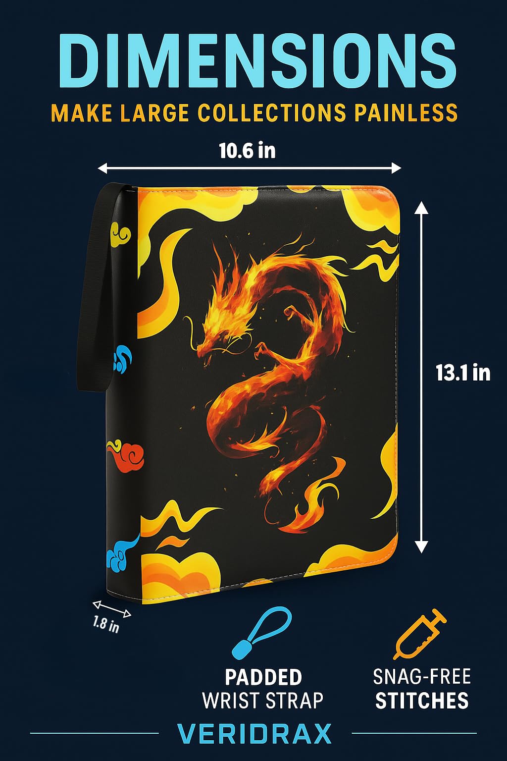 VERIDRAX Card Binder - 9 Pocket Trading Card Binder - 900 Card Zipper Album with 50 Double Sided Sleeves, PU Leather Collector Case for Standard 2.5 ×