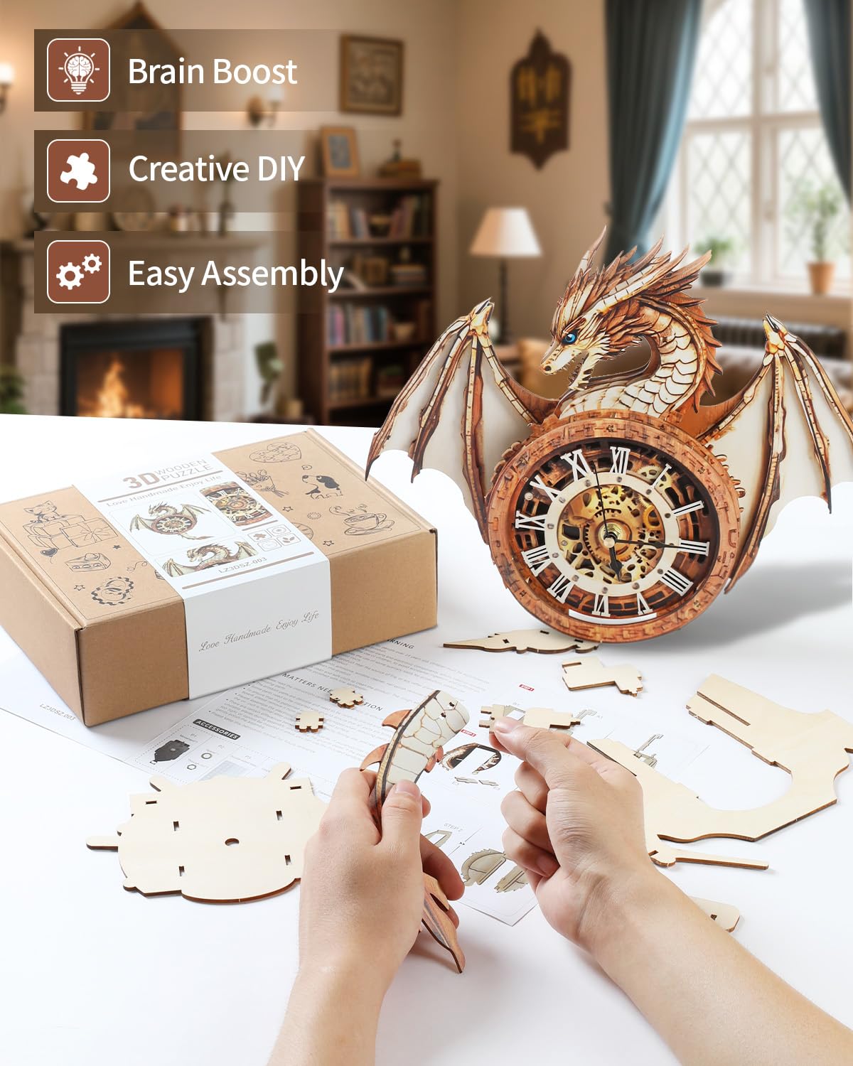 Rnfinewow 3D Puzzles for Adults, 3D Puzzle Dragon Clock Kit (with Pendulum), Wooden Puzzles for Adults Home Wall Decor Dragon Clock Christmas Day