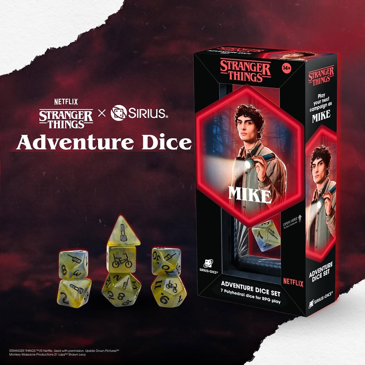 Stranger Things: Adventure Dice - Mike - 7pc RPG Set, Yellow Blue Swirl, Black Icons, Paladin Class, Collectible Roleplaying Game Accessory, Licensed