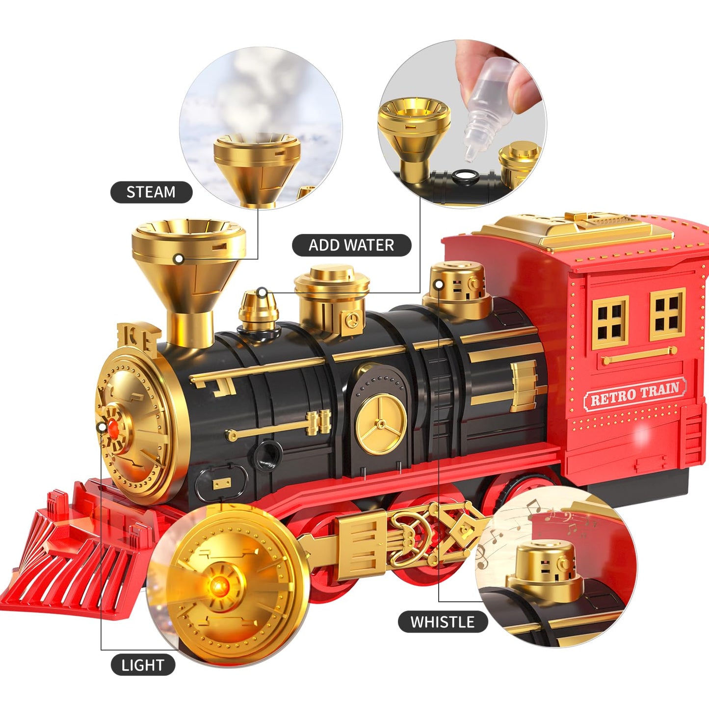 TEMI Train Set for Kids Toddlers 3-5, Train with Steam Engine, Cargo Car and Long Track, Rechargeable Battery Play Red Train Toys with Smoke, Light