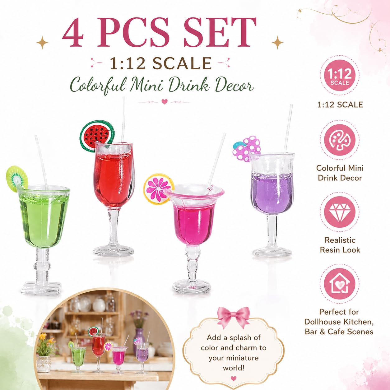 4Pcs Miniature Dollhouse Beverage Set, 1:12 Scale Mini Miniature BottlesResin Wine and Juice Bottles with Cocktail Cups, Mini Food Mini House Drink