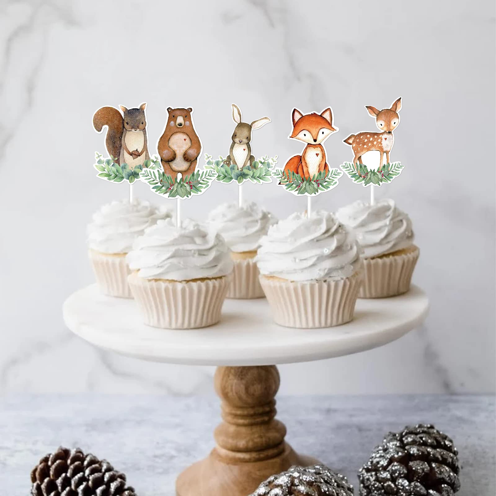 TTDQ 48pcs Woodland Cupcake Topper Animal Cupcake Toppers, Woodland Theme Baby Shower Decorations Woodland Creatures Baby Shower