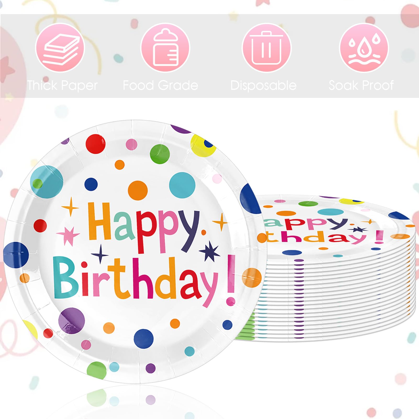 VVBray 20Pcs Happy Birthday Plates 9 Inch Large Paper Plates Multicolor Polka Dots Happy Bday Party Tableware Colorful Dinner Paperplates for Kids