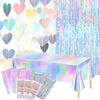 8 PCS Iridescent Disco-Holographic Party Decorations - Love-Heart Garland Streamers Banner, Disposable Laser Tablecloth, Tinsel Foil Fringe Curtains |