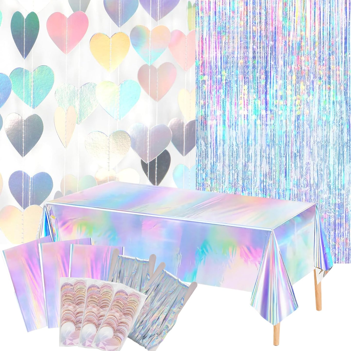 8 PCS Iridescent Disco-Holographic Party Decorations - Love-Heart Garland Streamers Banner, Disposable Laser Tablecloth, Tinsel Foil Fringe Curtains |