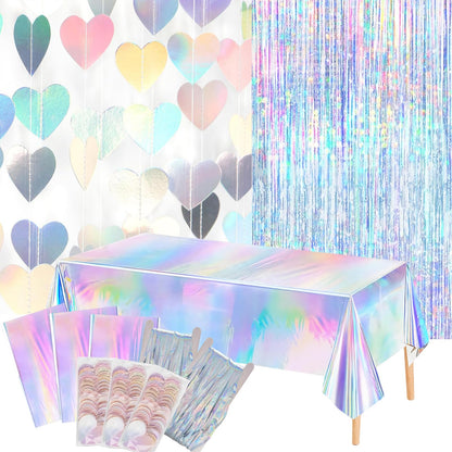8 PCS Iridescent Disco-Holographic Party Decorations - Love-Heart Garland Streamers Banner, Disposable Laser Tablecloth, Tinsel Foil Fringe Curtains |