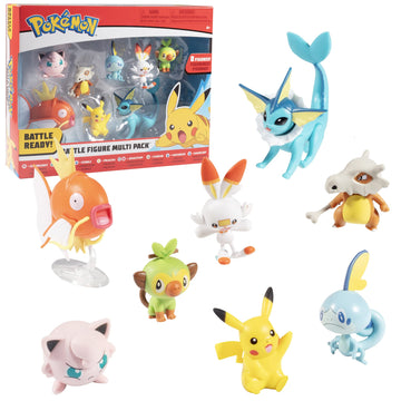 Pokemon Battle Ready! Battle Figure Set, 8 Pieces - with 2 & 3 inch Figures Pikachu, Scorebunny, Grookey, Sobble, Jigglypuff, Cubone, Vaporean &