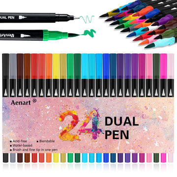 Aen Art Dual Brush Markers for Adult Coloring Books, 24 Colored Fine Point Marker Pen for Note taking Planner Hand Lettering Calligraphy Drawing