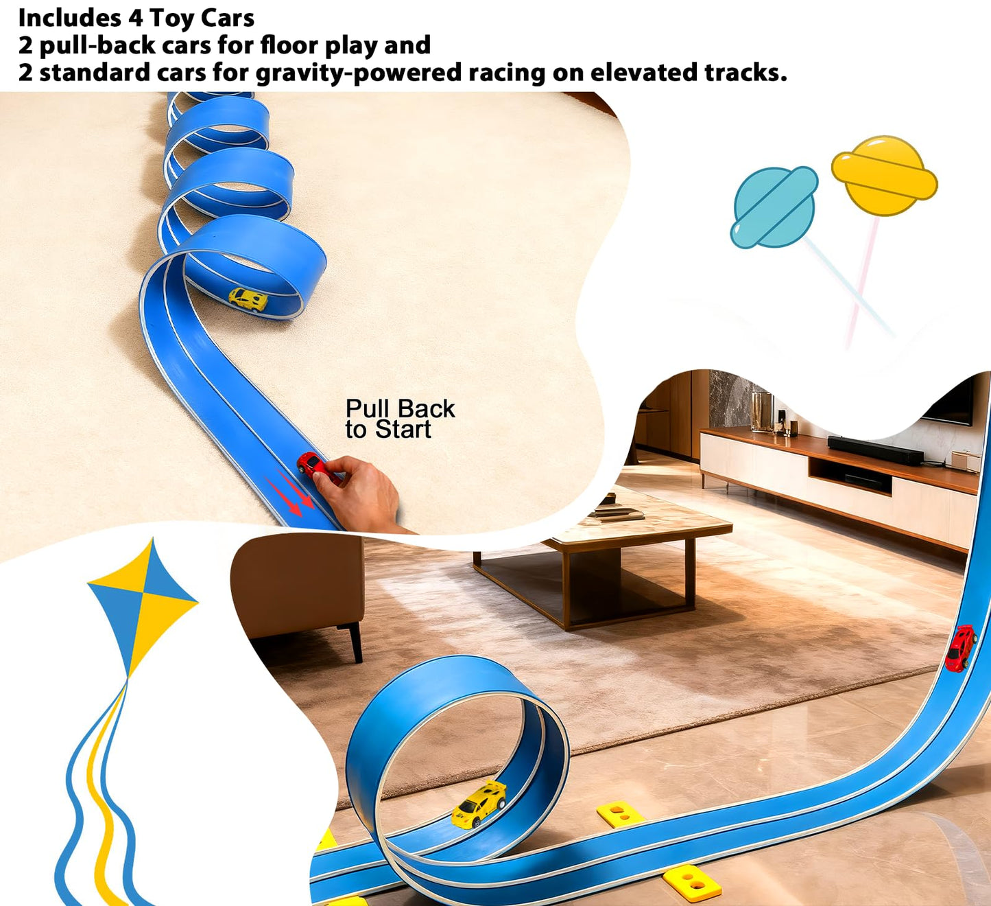 15 Ft Flexible Race Car Track (Daytona Blue) for Kids,Flex Track Starter Set Compatible with Hot Wheels and Diecast 1/64th Cars,Portable Racetrack