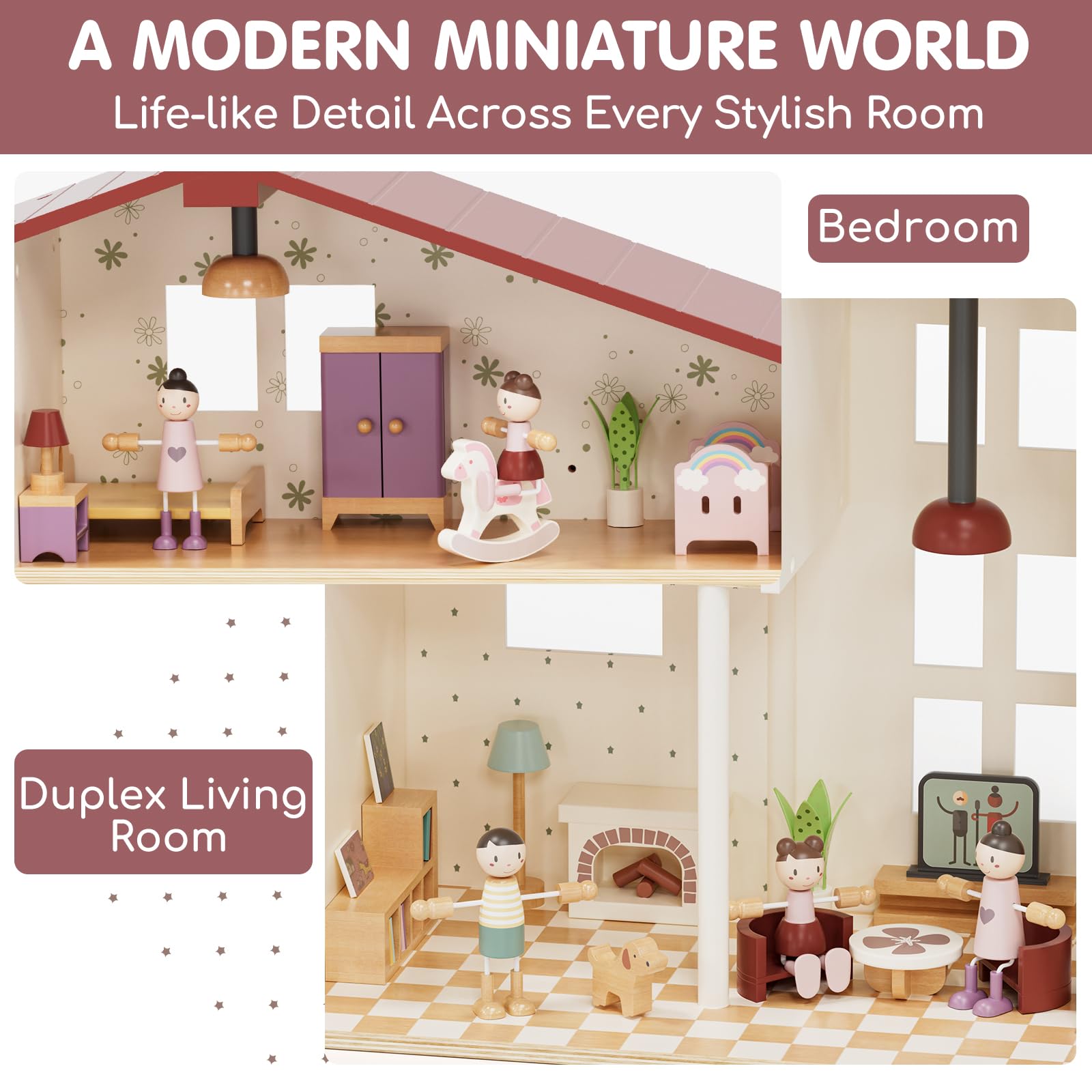 Lehoo Castle Wooden Dollhouse for Girls, Realistic Doll House with 5 Rooms & 38 Accessories, DIY Pretend Play Dream Dollhouse with Doll and Furniture