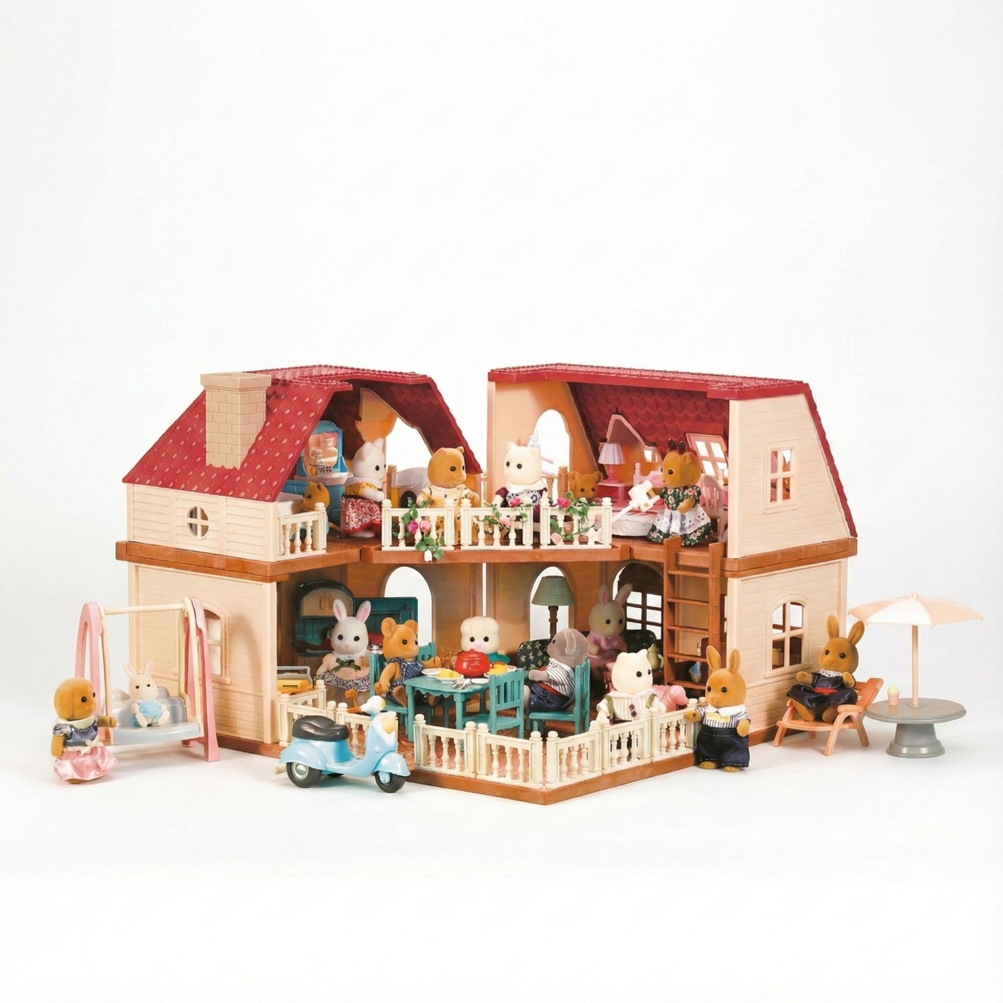 OLEOCA Family Grand Doll House - Light-Up 2-Story Cozy Cabin with Furniture & Bunny Figure, Complete Dollhouse Playset for Creative Pretend Play, Gift