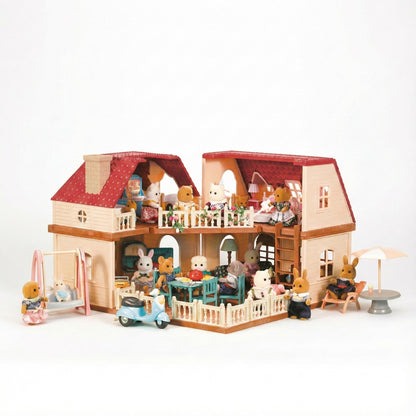 OLEOCA Family Grand Doll House - Light-Up 2-Story Cozy Cabin with Furniture & Bunny Figure, Complete Dollhouse Playset for Creative Pretend Play, Gift