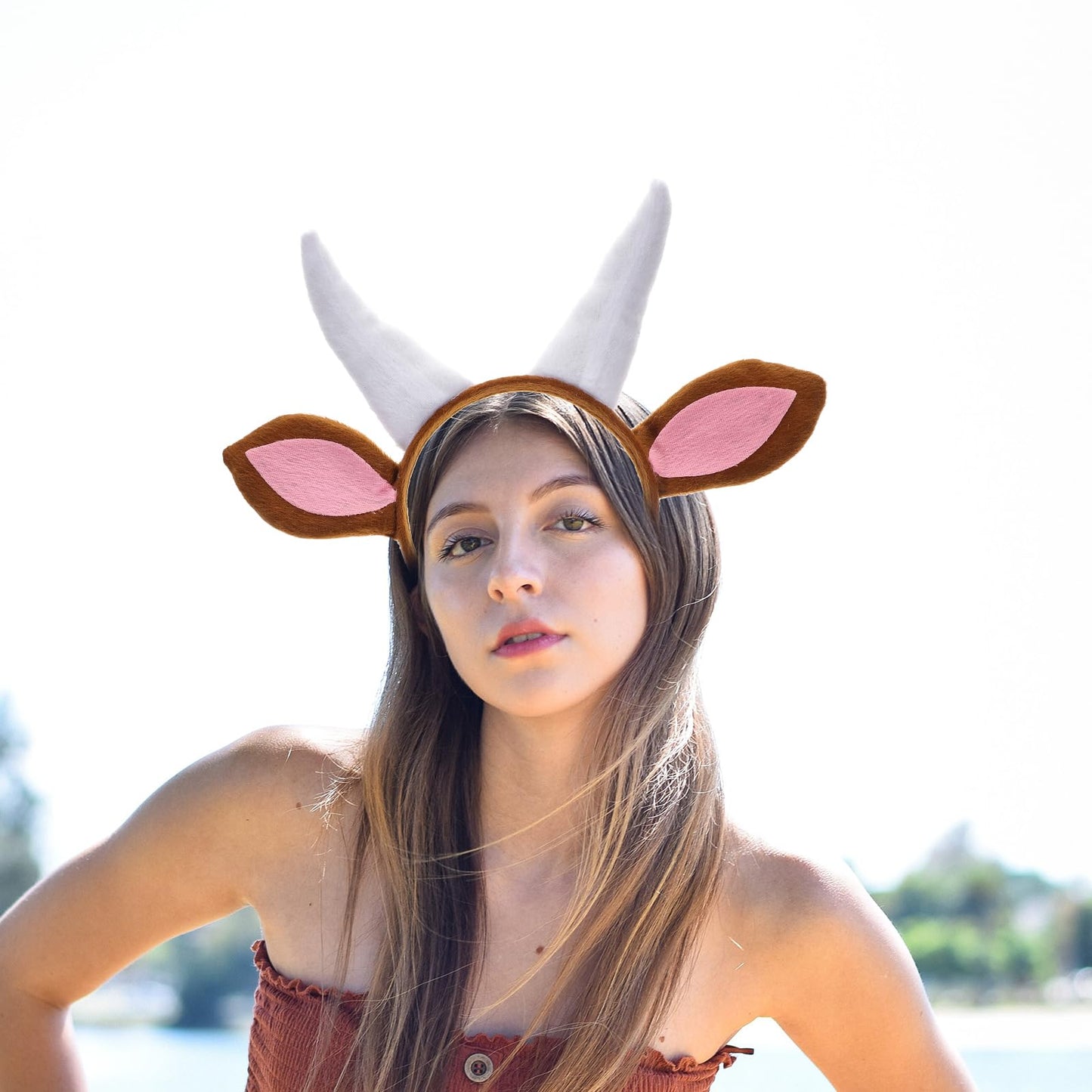 Goat Ears Headband With Horns Plush Animal Ears Headwear Cosplay Costume Accessory for Halloween Christmas Carnival Theme Party