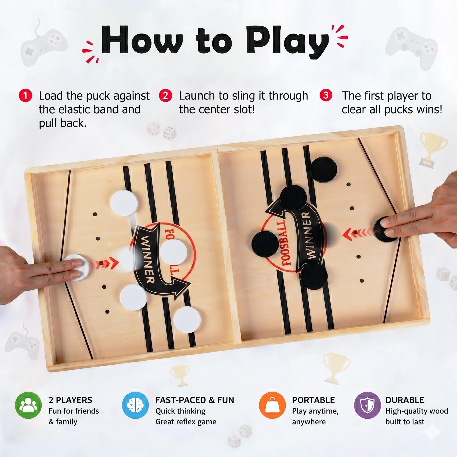 Fast Sling Puck Game, Wooden Air Hockey Board Game with 10 Spare Pucks & 2 Elastic Bands | 2 Player Table Fast-Paced Slingshot Games for Kids