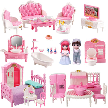 Princess Dollhouse Furniture Set, 48 Piece Luxury Miniature Accessories Collection with Living Room, Bathroom, Bedroom?Kitchen, TV Entertainment Set