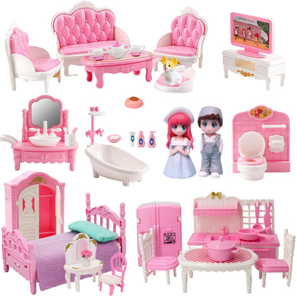 Princess Dollhouse Furniture Set, 48 Piece Luxury Miniature Accessories Collection with Living Room, Bathroom, Bedroom?Kitchen, TV Entertainment Set