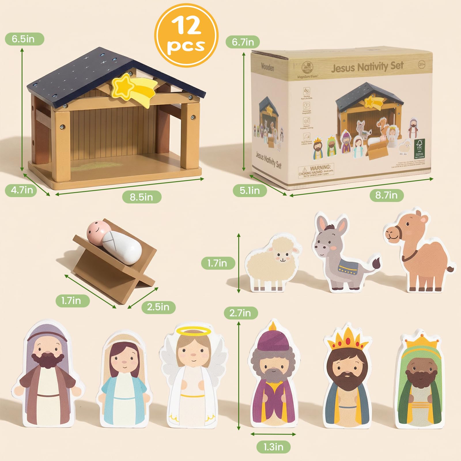 WOODENFUN Toy Nativity Set for Kids?Wooden Christmas Nativity Scene Miniature Holy Family Figurines Gifts for Children Boys Girls 3+ Years Old